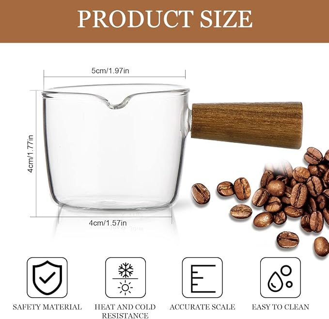 Mwellewm Single Spout Espresso Coffee Shot Glass with Wood Handle Measuring Cup Triple Pitcher Milk Cup Coffee Replacement Carafe for Barista Coffee Carafe Milk Espresso Making, 75 ml (1 Piece)