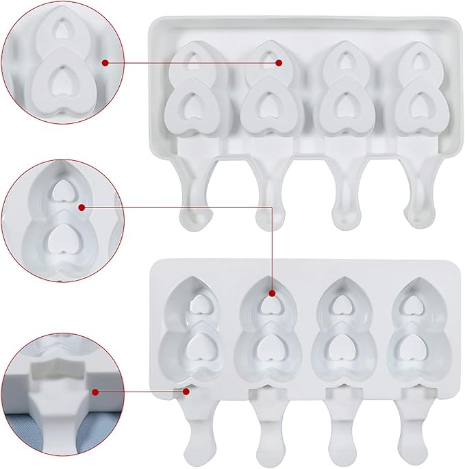 Vilihkc 2 Pack Popsicle Molds 4 Cavities Homemade Silicone Popsicle Molds for Kids Ice Pop Molds with 50 Wooden Sticks for DIY Ice Popsicle