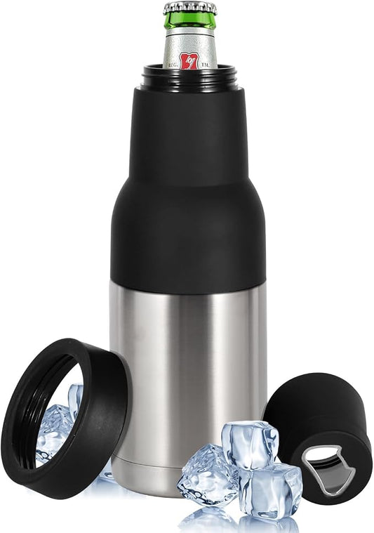 12oz Universal Beer Bottle Holder Double Walled SS Beer Can Cooler | 3 in 1 Can Koozie with Beer Opener Vacuum Insulated - fit Fishing, Camping Outdoor Activities and Nice Gift for Men(Silver)