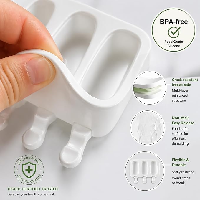3 Pack Silicone Popsicle Molds with Lids, Cakesicle Ice Cream Mould, White | 3 Cavities per Mold, Food Grade Silicone, Includes 100 Wooden Sticks & 100 Bags, for Cake Pops, Ice Cream, Homemade Desserts