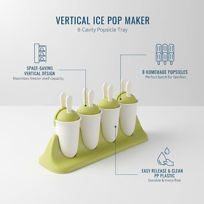 Easy-Use Vertical Popsicle Mold, 8-Cavity Ice Pop Maker for Compact Freezers, Durable PP Plastic Tray