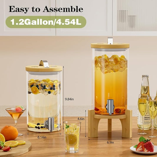 1.2 Gallon Glass Drink Dispenser For Parties, Beverage Dispenser With Bamboo Wood Stand And Stainless Steel Spigot, Countertop Water Dispenser, Lemonade Dispenser For Wedding, Picnic (2PACK)