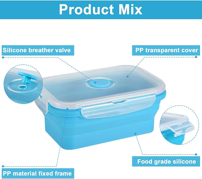 Set of 8 Silicone Collapsible Bowls for Camping with Vent Lid Silicone Storage Containers for Food Meal Preparation Square Bowl Microwave Freezer Dishwasher Safe(Blue,17 Oz/ 500 ml)