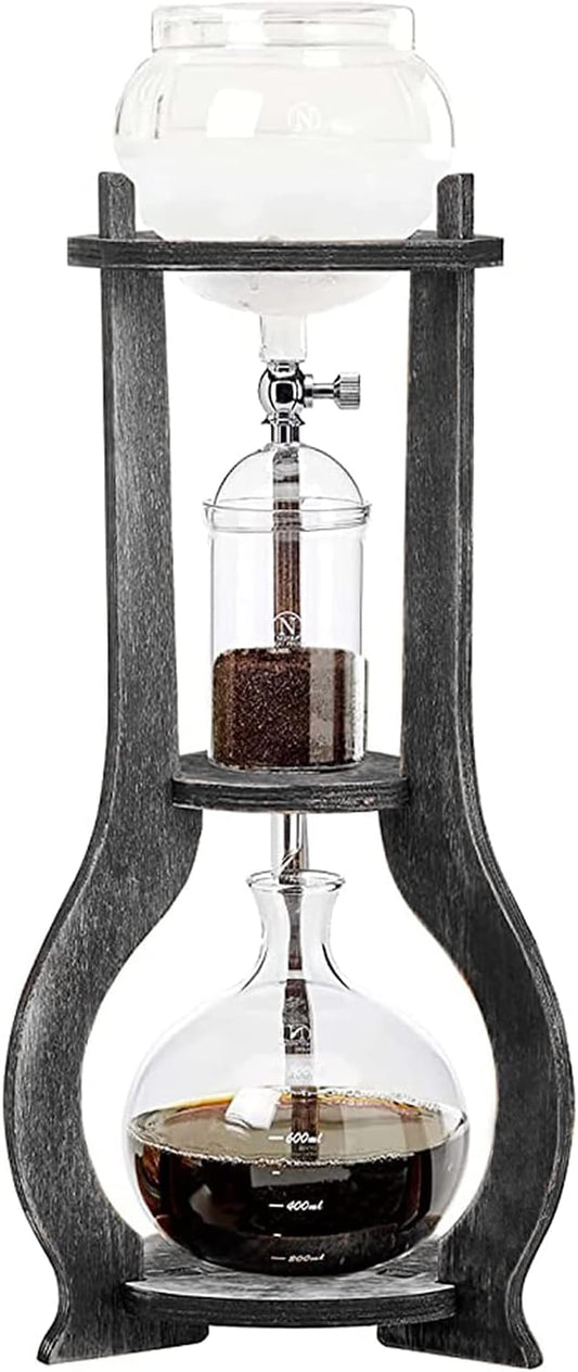 Cold Brew Coffee Maker, 600 ml/20.29 oz Iced Coffee Tower Dripper Coffee Maker & Tea Maker 6-8 Cups, High Borosilicate Glass, Wood, 304 Stainless Steel, Copper - for Home Office (Grey)