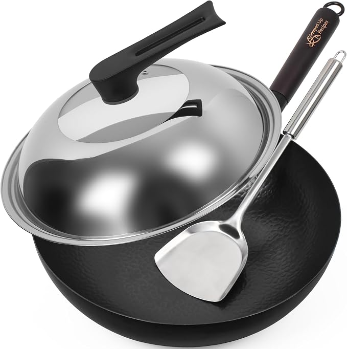 Souped Up Recipes 12.5 Inch Carbon Steel Wok For Electric, Induction and Gas Stoves (Lid, Spatula and User Guide Video Included)