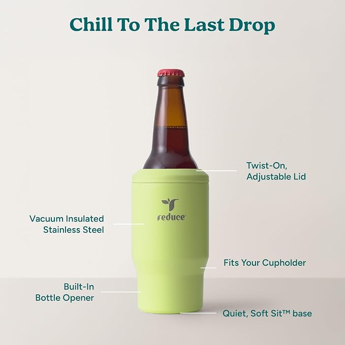 Reduce 4-in-1 Drink Cooler - Versatile Can & Bottle Holder with Vacuum Insulation - Keeps Drinks Cold Up to 4 Hours - Includes Bottle Opener - Fits Cupholders & Dishwasher Safe - 14oz - Mojito