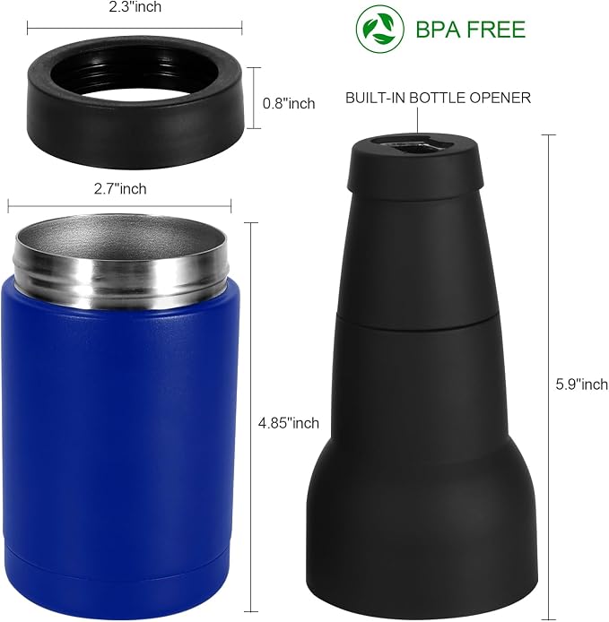 12oz Universal Beer Bottle Holder Double Walled SS Beer Can Cooler | 3 in 1 Can Koozie with Beer Opener Vacuum Insulated - fit Fishing, Camping Outdoor Activities(Royal Blue)