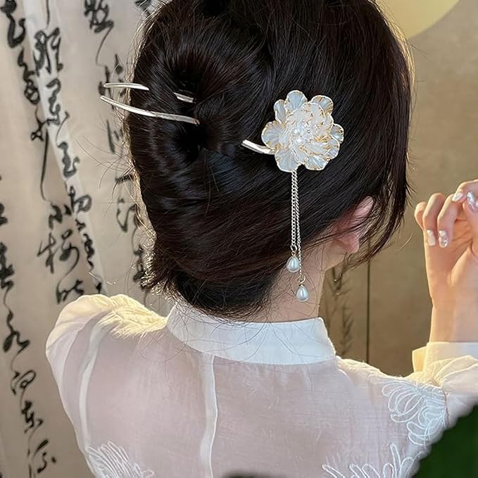 Vintage Pearl Chinese Hair Sticks, Pink and Gold Flower Design, Metal Hair Pins with Tassel, Traditional Oriental Style Hair Chopsticks for Women, 2 Pack
