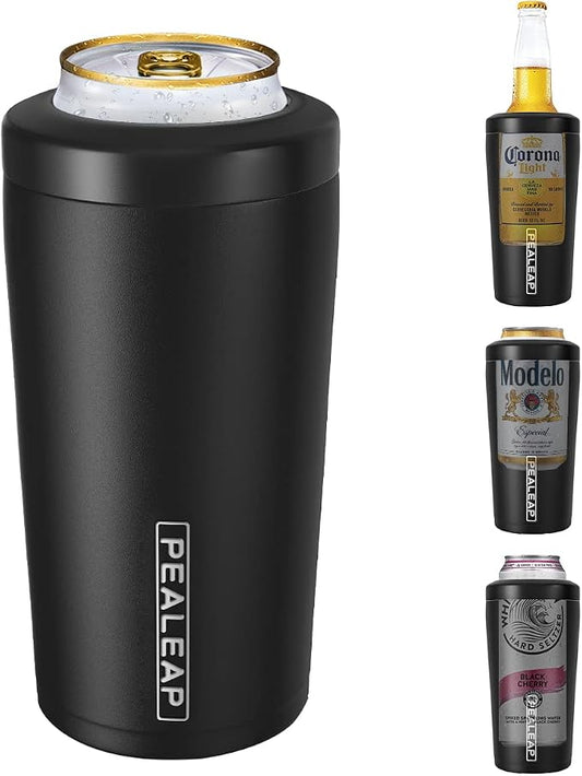 Pealeap 4-in-1 Insulated Slim Can Cooler for All 12oz Cans & Beer Bottles | Double-walled Stainless Steel Vacuum Can Cozy | Keep 8Hrs Cold | Universal Fits 12oz Drinks | No Sweat | Cup Holder Friendly