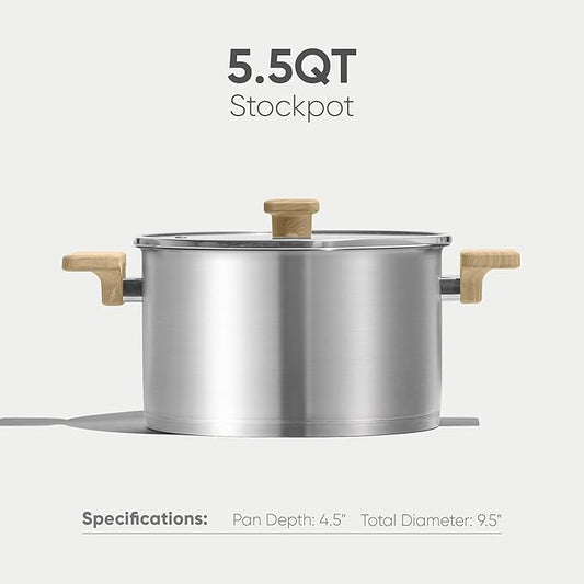 CAROTE Stainless Steel Stock Pot - 5.5 Quart Heavy Duty Induction Cooking Pot with Visible Lid for Pasta, Soup, Spaghetti, Bottom Big Stockpot, Deep Cookware for Canning, Boiling, Simmer