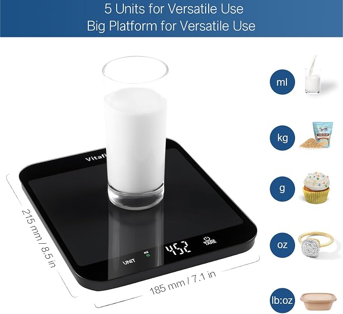 Vitafit 33lb Food Scale, High Accuracy 0.1oz by Our Professional Scale Factory Since 2001, Digital Kitchen Scales Weight Grams and Ounces for Cooking & Baking, 8.5x7.1in Platform, 3 AAA Battery, Black