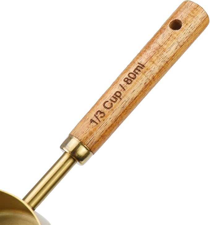 1/3 Cup Stainless Steel Measuring Cup with Wooden Handle, 80ml | Gold Metal Measuring Scoop, 80ml Measuring Spoon, For Baking, Cooking, Wet and Dry Ingredients