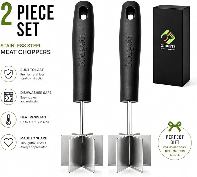 2pc Stainless Steel Meat Chopper & Masher | Dishwasher Safe | 6-Blade