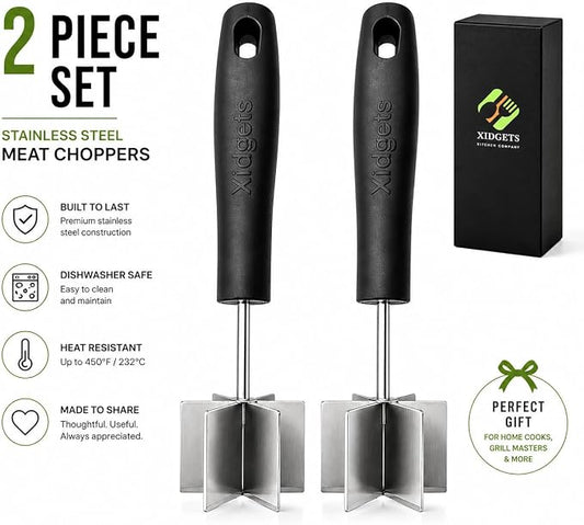 2pc Stainless Steel Meat Chopper & Masher | Dishwasher Safe | 6-Blade