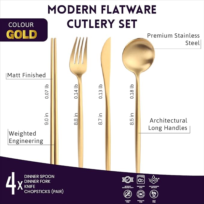 Matte Gold Utensils Set - 16-piece KiiZYs Cutlery Stainless Steel Silverware - Flatware Set Korean Chopsticks Fork Spoon Knife - Cubiertos Dorados Dishwasher Safe Gift Box (Gold, Service for 4)