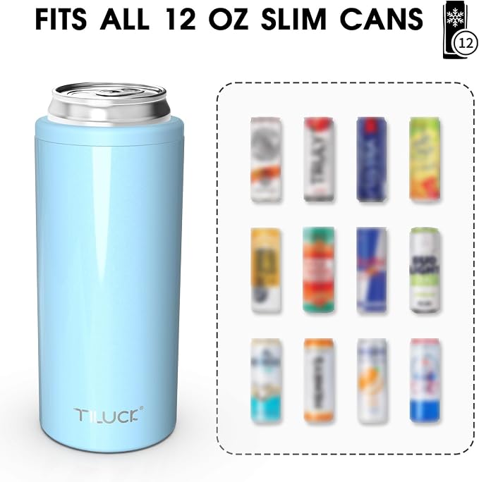 TILUCK Skinny Can Cooler, Stainless Steel Insulated Slim Cans, 12 oz | Beer & Hard Seltzer, Doucle-Walled Stainless Steel Insulated Slim Cans, Slim 12 oz (Glitter Sky)
