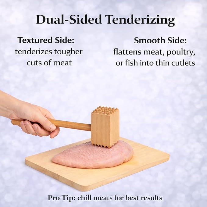 HIC Kitchen Wooden Meat Tenderizer Mallet Marinating Prep Tool, Double Sided, FSC-Certified Beechwood, For Flattening Cutlets And Tenderizing Meat