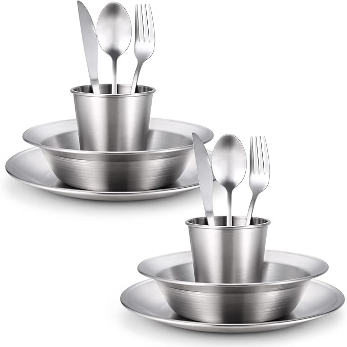 Odoland Stainless Steel Camping Mess Kit for Family & Person | Cooking Tableware Utensils with Plates Bowls Forks Spoons Knives & Savings Bag for Camping, Backpacking, Hiking, Picnic