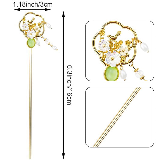 10PCS Gold Decorative Vintage Retro Pearl Gold Metal Hair Sticks Pins with Pendants Chinese Hanfu Asian Flower Butterfly Hair Chopsticks Hair Bun Updo Holders Long Thick Hair Accessories for Women