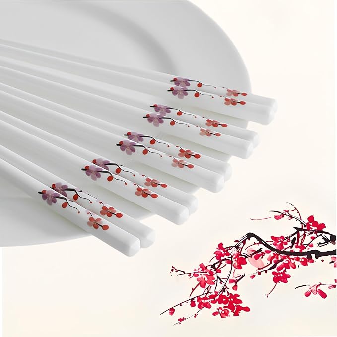 Ceramic Chopsticks Reusable,Porcelain Chop Sticks,Red Plum Blossom 9.7'' | 5 Pairs,Easy to Clean,Dishwasher Safe,Heat Resistant,with a Gift case,Cooking Chopsticks,High-grade Bone China Porcelain