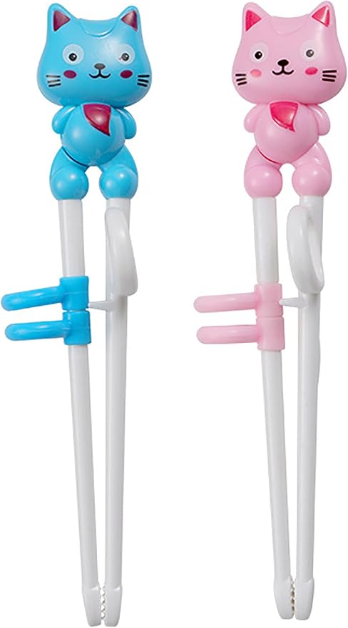 2Pairs Chopsticks, Learning Helper Practice Training Chopsticks Gift with Animals (cat pink +blue)