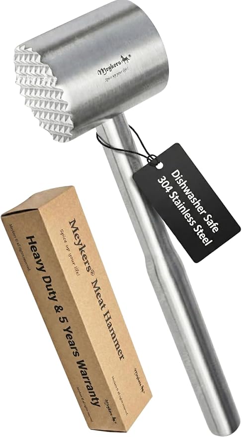 Meat Tenderizer Mallet, 304 Stainless Steel Hammer Pounder Flattener Beater | Dishwasher Safe, Perfect Weight, Food Grade Metal, Kitchen Tool for Cooking, for Steak Beef Chicken Pork Poultry | by Meykers