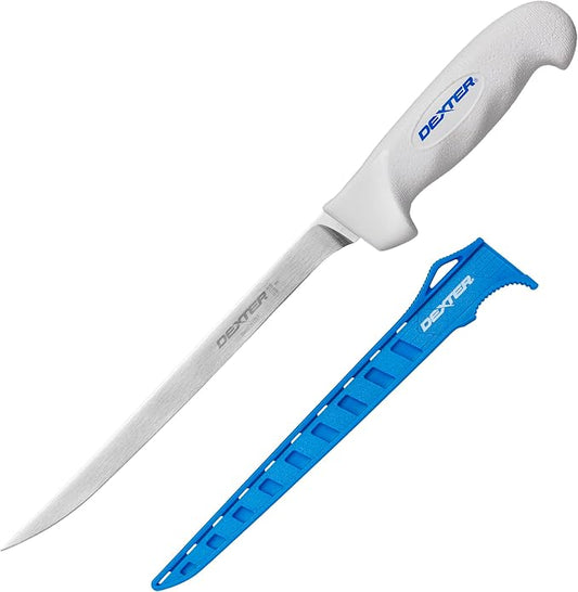 Dexter Outdoors SOFGRIP 8" Flexible Fillet Knife with Edge Guard | Corrosion-resistant high-carbon American stainless blade with soft non-slip grip. Edge guard included, made in USA.