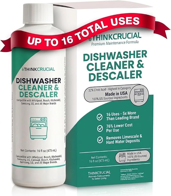 Think Crucial Dishwasher Cleaner & Descaler, 15 Uses, 75% Savings Per Use – 32% Citric Acid Liquid Concentrate – Whirlpool, Bosch, KitchenAid, Samsung, LG – 16 FL OZ