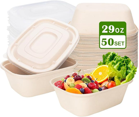 Aksipo 50 Pack 29 Oz Disposable Food Containers with Lids, Compostable Meal Prep Containers with Lids, Leak-proof To Go Food Box Cardboard Take Out Lunch Box Rectangle Paper Bowls for Salad,Leftovers