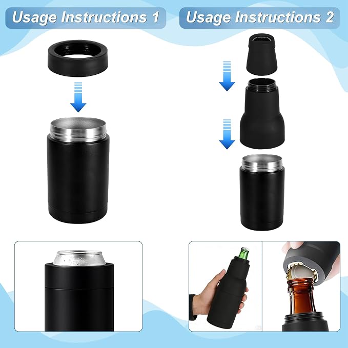 12oz Universal Beer Bottle Cooler Double Walled SS Beer Can Holder | 3 in 1 Can Koozie with Beer Opener Vacuum Insulated - fit Fishing, Camping Outdoor Activities and Nice Gift for Men (Black)