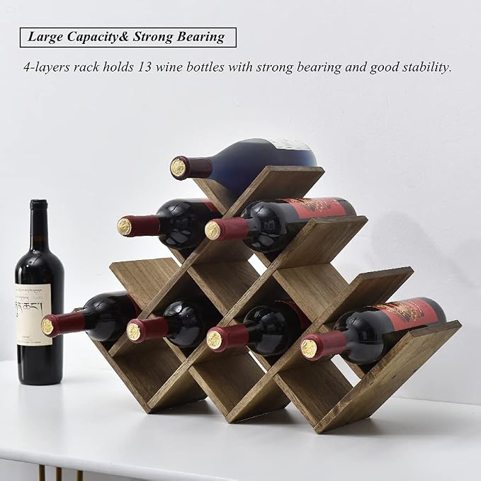 KIRIGEN Wood Wine Rack, 13-Bottle 4-Tier Countertop Holder, Brown 4-DBR | 22.28 x 5.9 x 13.9 In, Freestanding Wooden Rack Stores 13 Wine Bottles for Counters, Cabinets, Pantry Shelves, and Home Bars
