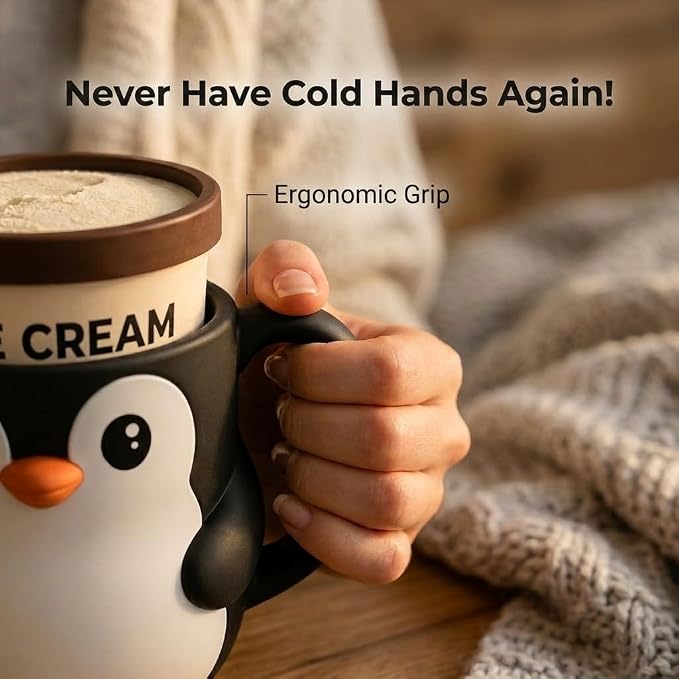 Ice Cream Pint Holder – Fits Standard Pints – Dual Spoon Sockets – Keeps Hands Warm – Fun Unique Designs with Vibrant Colors – Reusable Ice Cream Sleeve - Ramen Noodle Holder (Rainbow Penguin)