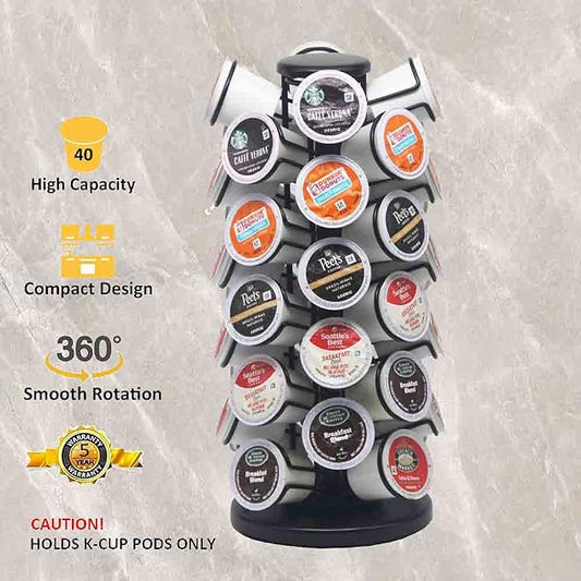 K Cup Holder-Coffee Pod Holder Organizer for 40 K-Cup Pods with 360° Smooth Rotation and Heavy-Duty Base, Space-Saving Storage for Coffee Stations & Kitchen Countertops, No Assembly Required, Black