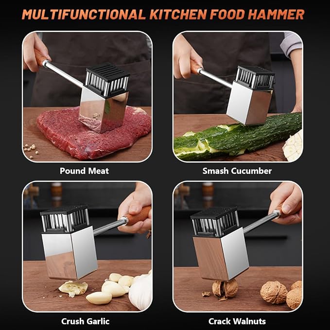 2 in 1 Stainless Steel Meat Tenderizer Hammer, Meat Mallet for Steak Pork | Non-Slip Rosewood Handle Meat Tenderizer, Dual Sides Heavy Duty Easy to Clean for Steak Beef Pork Poultry for Cooking Gift