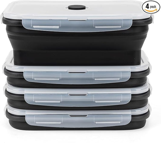 Collapsible Silicone Food Storage Containers Set with Lid & Air Vent,Foldable Lunch Containers(4PCS,Black,40oz)