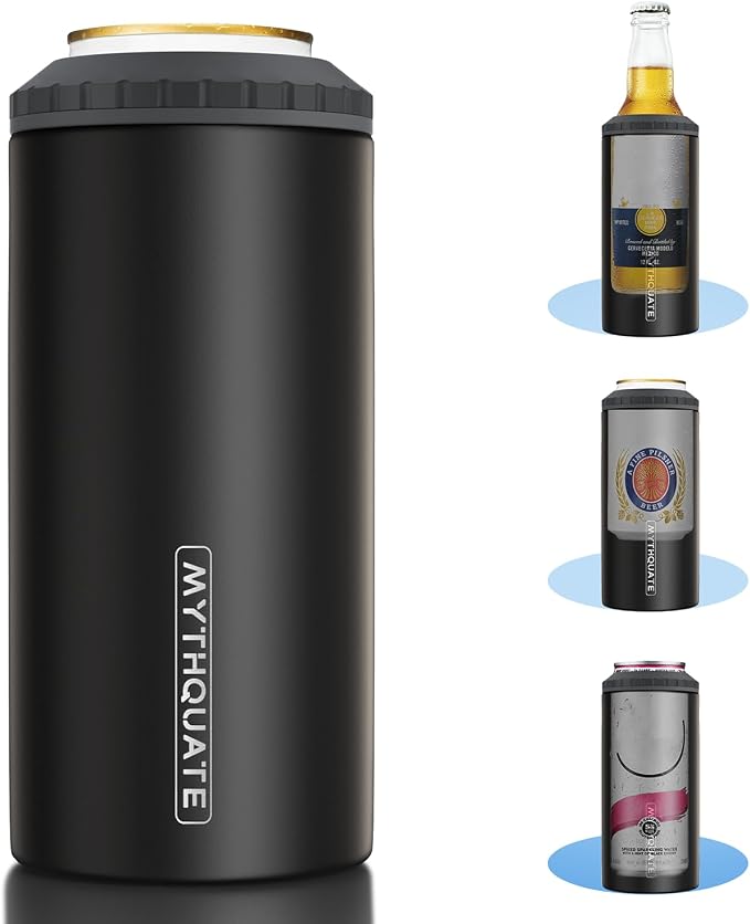 3 in 1 Slim Can Cooler for 12 OZ Skinny Can, Regular Can & Beer Bottle - Keep Cold for 6 Hours - Double Walled Insulated Stainless Steel Vacuum Beverage Can Insulator (Matte Black)