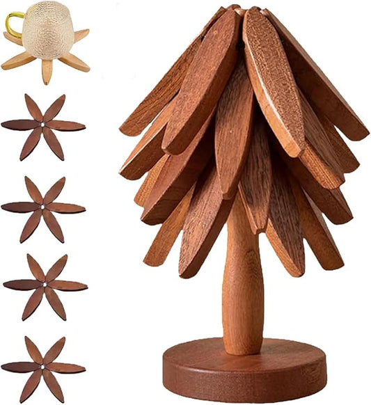 Natural Wood Tree Trivet Set, 𝐍atural Tree Trivet Set - 4 Wooden Trivets,4 Wooden 𝐓rivets & 1 Stand Like a Christmas Trees,for Hot Dish,Pot,Bowl,Teapot,Hot Pot Sets (Walnut Finish 4 Trivets,3set)