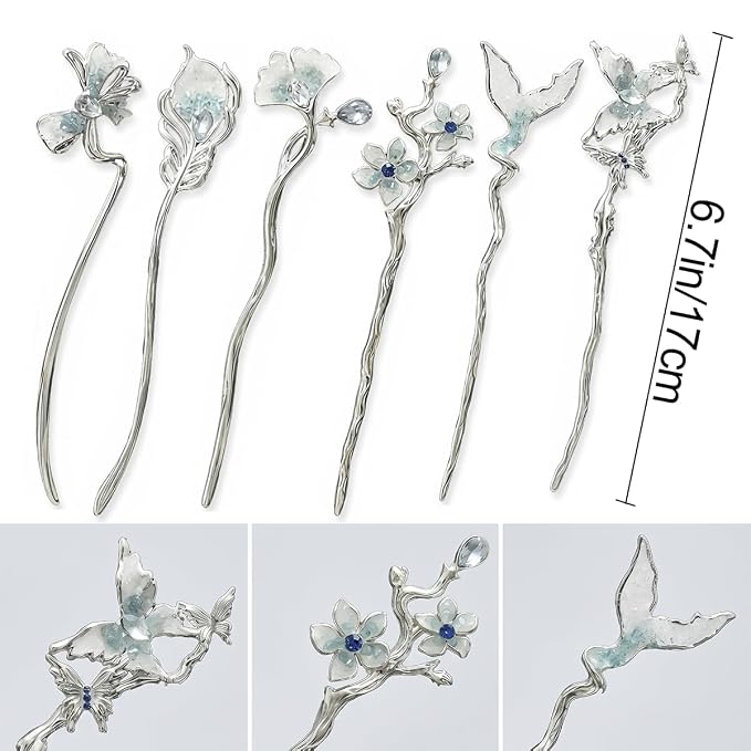 6 PCS Chinese Hair Sticks Silver Crystal Hair Stick for Buns Long Hair Chinese Hanfu Metal Hair Chopsticks Hair Bun Updo Holders Long Thick Hair Accessories for Women