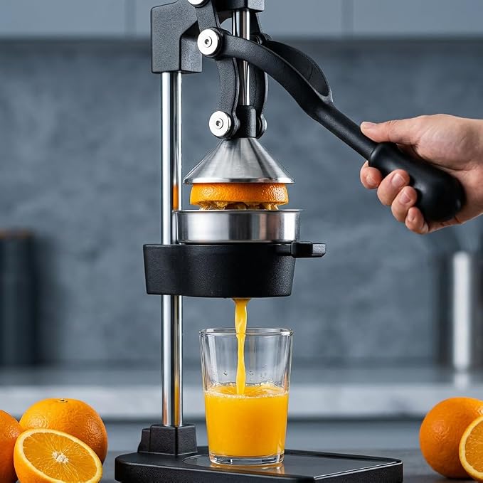 Cast Iron Juicer – Heavy Duty Manual Citrus Juicer, Professional Orange Press, Stainless Steel Lemon Squeezer & Lime Juice Extractor (Gray-Base-Style)