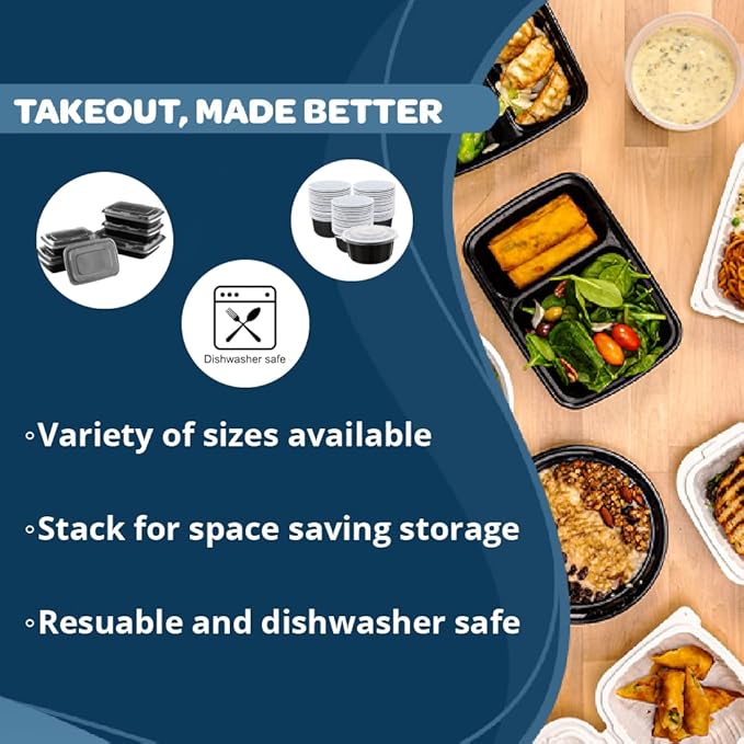 TIYA Food Containers - 38 oz Bulk 150 Pack with Lids - Rectangular Plastic To-Go Containers - Reusable, Microwavable, Dishwasher Safe - Leak-Proof for Meal Prep - BPA-Free