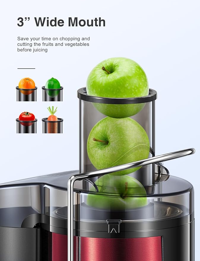 Juicer Machine 800W Centrifugal Juicer with Wide Mouth Feed Chute | For Fruits And Vegetables, Stainless Steel, BPA-Free Parts, Easy To Clean, Metallic Red Finish, Fast Juice Extraction