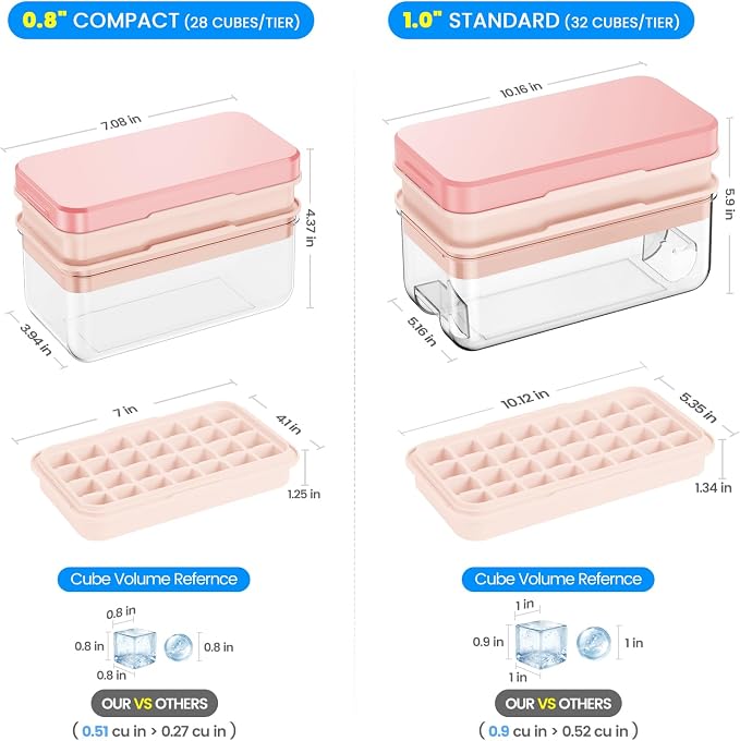 1.0" Ice Cube Trays for Freezer, PHINOX Ice Tray, 2-Tier(32Cubes/Tier) Pink