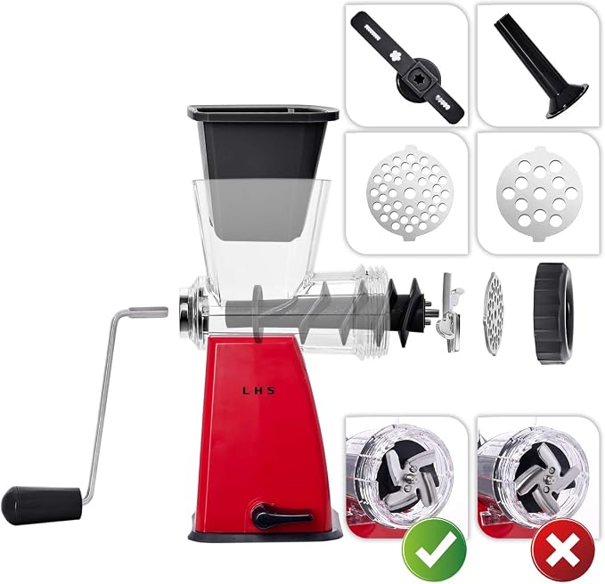 Manual Meat Grinder with Stainless Steel Blades Heavy Duty Powerful Suction Base for Home Use Fast and Effortless for All Meats-Red