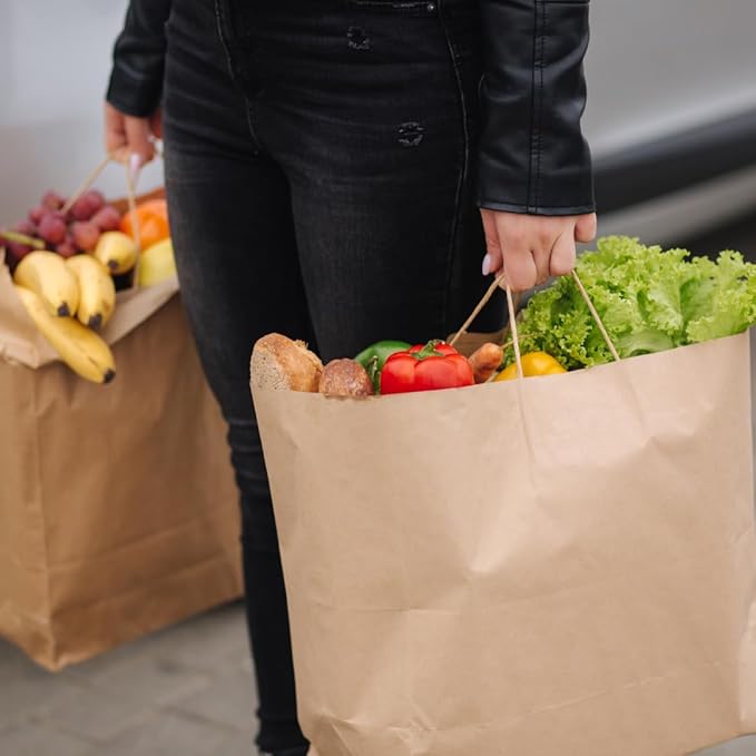 ASSUREPAK DIY Grocery Paper Bags - 200 units - 14"x10"x15.75" - Handle - Kraft Color - 74LB (110 GSM strong) - Recyclable Food & Supermarket Bags for Decorating & Branding - 141016NKPAPTHDL
