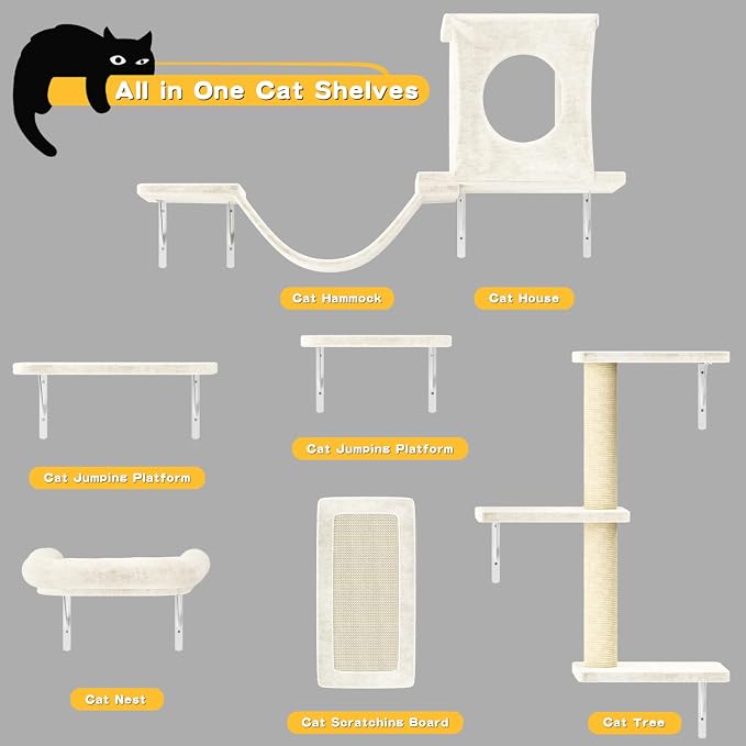6-in-1 Cat Wall Shelves, Wall Mounted Cat Climber with Condo House, Scratching Post, Bridge Ladder, Space-Saving Indoor Play Furniture for Kittens, Beige