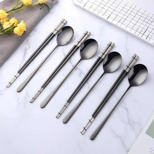 Buyer Star 4 Set Black Square Chopsticks and Spoons Set Metal Stainless Steel Spoons Chopsticks Set