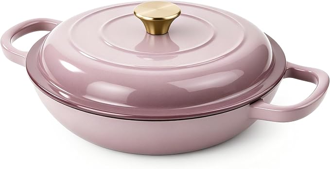 Vintage Style 3 Quart Enameled Cast Iron Braiser, Non Stick Enameled Cast Iron Skillet with Lid, Dutch Oven Skillet with lid up to 500°F for Oven, Stove, Grill, Shallow Dutch Oven for Cook, Bake (Pink)