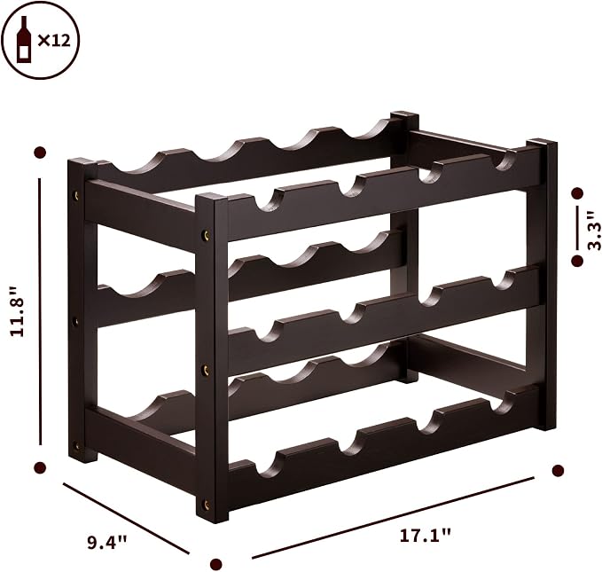 VASMIA Bamboo Wine Rack, Sturdy and Durable Wine Storage Cabinet Shelf, Wine Racks Countertop for Pantry,Kitchen,3-Tier 12 Bottles Wine Rack Brown