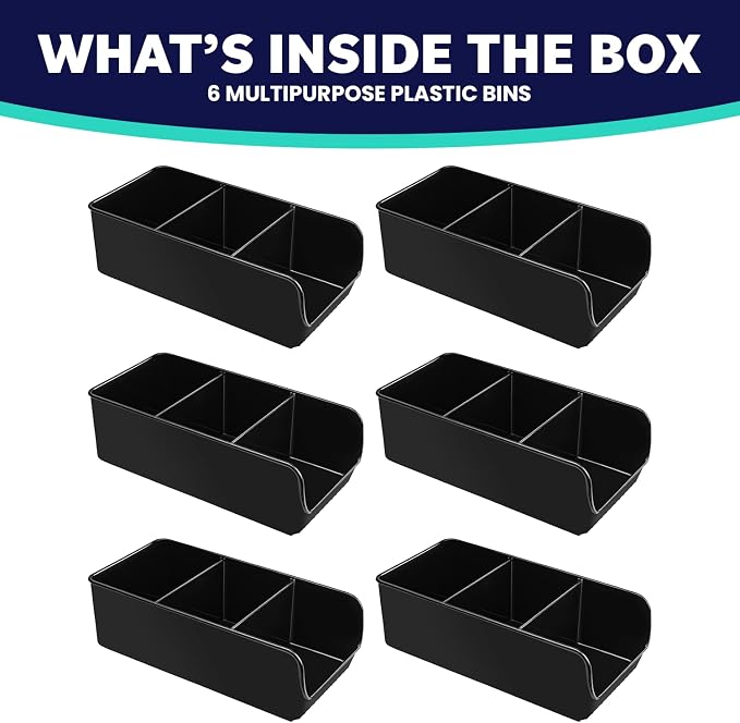 Black Storage Bins for Pantry - 3 Compartment Kitchen Cabinet and Cupboard Storage Organizers, Multipurpose Storage Bins for Snacks, Packets, Pouches, Spice Packets, Plastic Bin for Fridge - 6 Pack