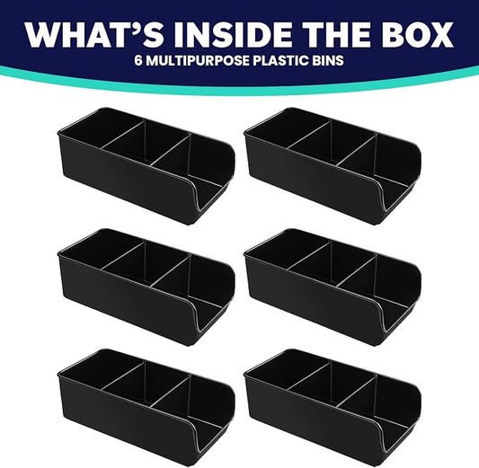 Black Storage Bins for Pantry - 3 Compartment Kitchen Cabinet and Cupboard Storage Organizers, Multipurpose Storage Bins for Snacks, Packets, Pouches, Spice Packets, Plastic Bin for Fridge - 6 Pack
